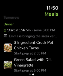 The KiWi meal plan on an Apple Watch, showing tonight’s dinner and when to start cooking